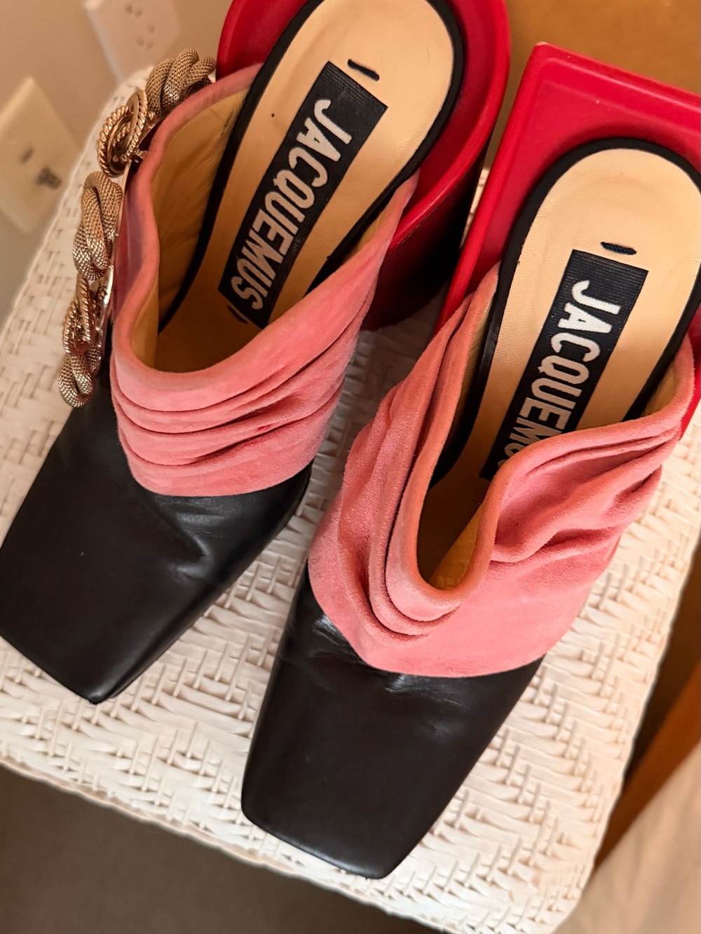 Jacquemus Pink Suede and Black Leather Square-Toe Mules